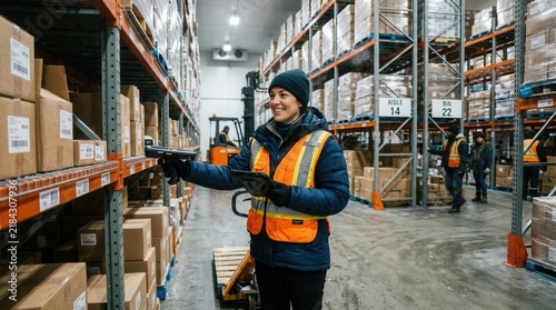 Female warehouse worker scanning inventory in a cold storage facility, using a handheld scanner and tablet