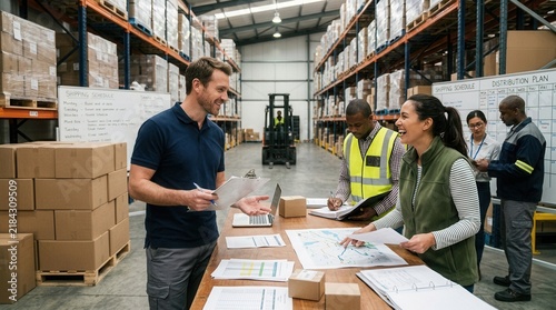 Diverse warehouse team collaborates on logistics, reviewing charts and plans at a meeting table with stacked boxes and forklifts in the background.