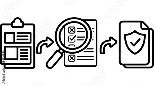 Compliance Audit Workflow Line Illustration. Enterprise Regulatory Inspection and Business Compliance Verification Process Outline Vector Isolated on White Background