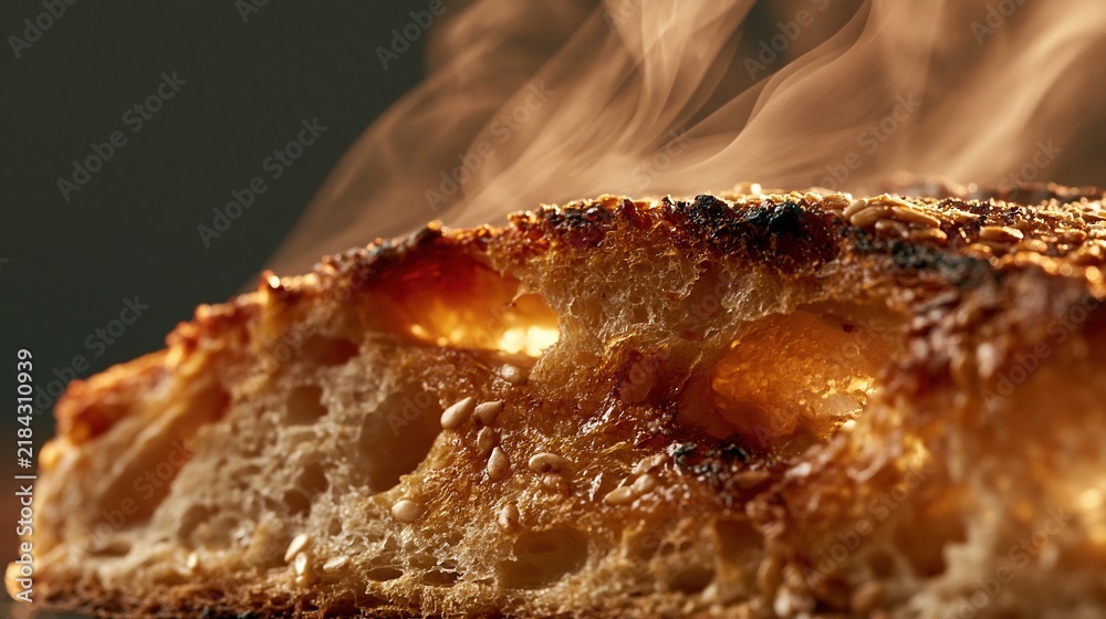 Fototapeta premium Extreme macro close up of hot fresh sourdough bread with steam rising from crust