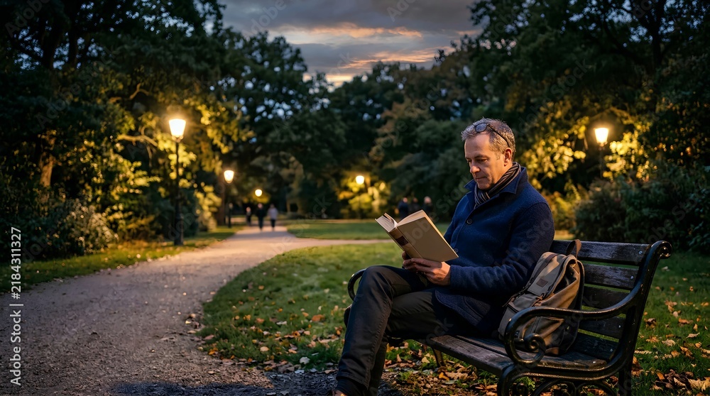 Fototapeta premium Peaceful Middle-Aged Man Sitting on a Wooden Park Bench at Dusk, Reading a Book Under the Warm Glow of Streetlights in a Quiet Autumn Park with Fallen Leaves and a Serene Evening Atmosphere.