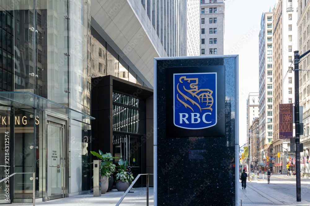 Fototapeta premium Toronto, Ontario, Canada - September 7, 2026: Closeup RBC (Royal Bank of Canada) logo sign outside the office building on King street in Toronto, Ontario, Canada. 