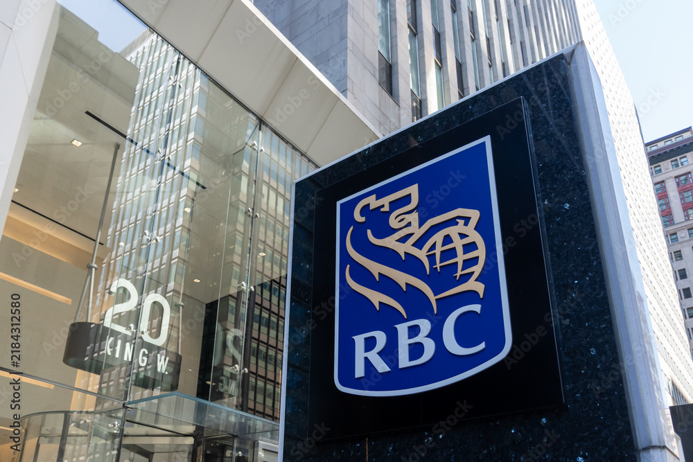 Obraz premium Toronto, Ontario, Canada - September 7, 2026: Closeup RBC (Royal Bank of Canada) logo sign outside the office building on King street in Toronto, Ontario, Canada. 