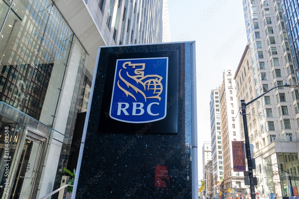 Fototapeta premium Toronto, Ontario, Canada - September 7, 2026: Closeup RBC (Royal Bank of Canada) logo sign outside the office building on King street in Toronto, Ontario, Canada. 