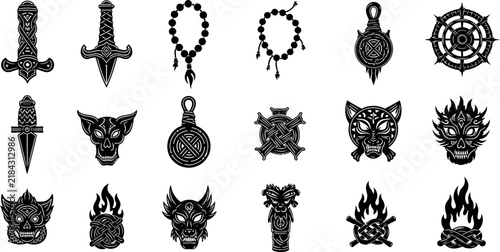 Foto Tribal ethnic tattoo icons set, 18 black vector symbols of daggers and masks, sp