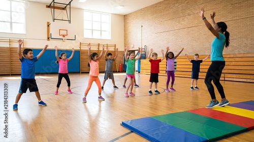 A diverse group of elementary school children in colorful athletic wear follow a female instructor's dance moves with arms raised during a physical education class in a bright indoor gym.