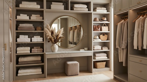 Elegant walk-in closet with greige built-in shelving, neatly folded beige and white linens, round gold-framed mirror, dried pampas vase, hanging clothes, neutral minimalist luxury interior design