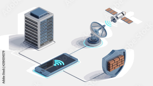 Quadro su tela Server data center connects to satellite communication systems and secure wireless smartphone technology