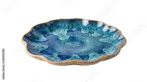 Canvastavla Artisanal blue ceramic plate with scalloped edges, handmade stoneware dish with