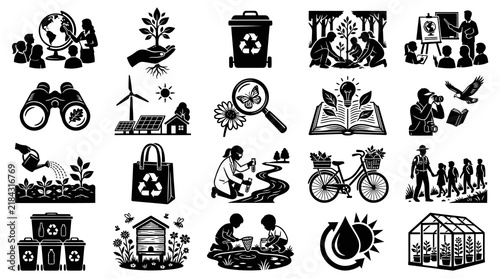 Eco-friendly Icons: Nature, Recycling, Education, Sustainability - Black  White Vector Art