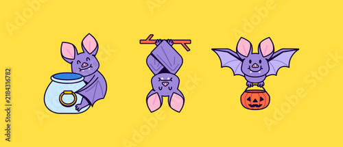Set of three cute halloween bats with cauldron branch and jack-o-lantern. spooky cartoon characters for october holiday concepts. vector illustration with bold outlines on yellow background.