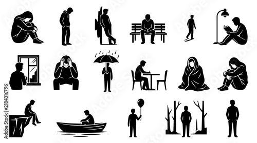 Human Emotions  Mental Health: Sadness, Depression, Loneliness Black  White Glyph Vector Icons Set