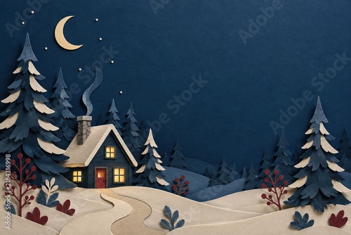 Layered paper-cut winter forest with a snowy winding path, evergreen trees, distant mountains, crescent moon, and a cozy cabin at night.