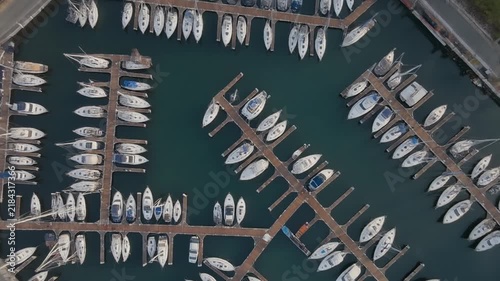 Aerial top down view of yachts docked at chaffers marina