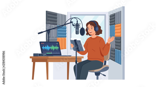 Female singer recording vocals in music studio booth.