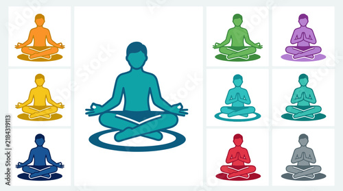 Colorful silhouettes of person in meditation lotus yoga pose.