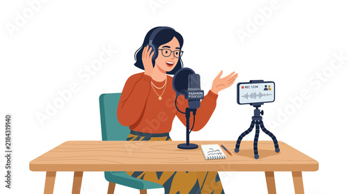 Content creator recording audio with smartphone and microphone.