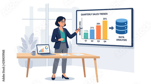 Professional presenting quarterly sales trends dashboard.