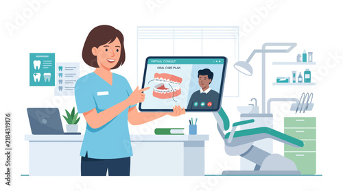 Telehealth dental consultation with dentist using digital devices.