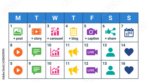 Social media content calendar with colorful marketing icons.