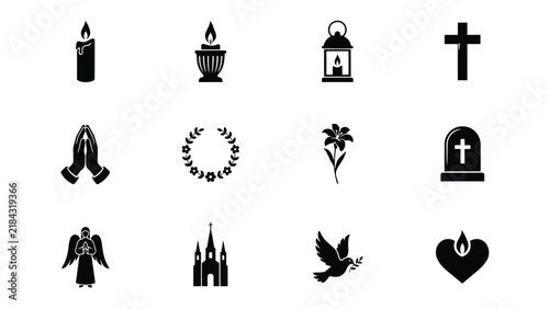 Black silhouette icons representing religious and spiritual symbols in minimalist style with silhouettes traditional religious against plain background prayerful scripture