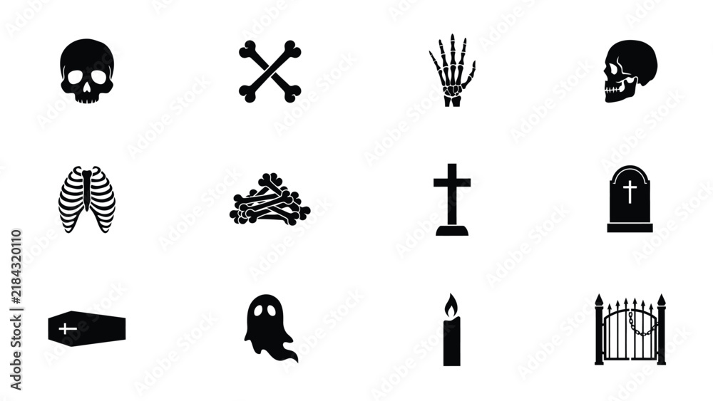 Fototapeta premium Black and white icons representing classic halloween symbols and themes in minimalist style with Minimalist icons traditional Halloween imagery with imagery