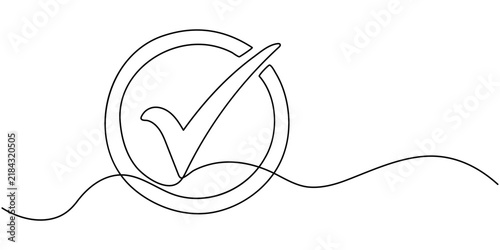 Obraz na płótnie Check mark success symbol continuous line art minimal modern outline design, Confirmation tick mark sign in circle icon continuous one line drawing single art on white background minimal checkbox
