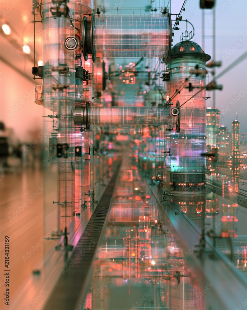 Fototapeta premium View from luxurious modern office through transparent solar glass windows overlooking glowing futuristic green city skyline at evening twilight.