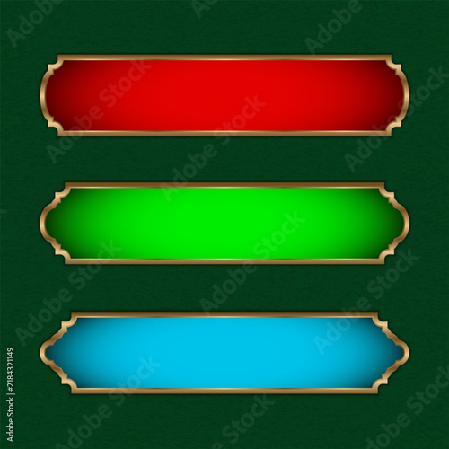 Three options for luxurious Arab-Islamic style banner title frames with gold-colored text boxes
