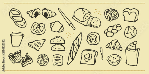 Bakery bread and pastry sketch illustrations with baguette, sliced loaf, croissants, rolls, toast, pretzel, waffle, pie, coffee cup and bread knife