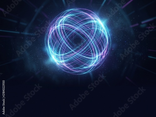 Glowing energy sphere with abstract light rings on a dark background