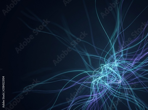 Abstract neon light threads weaving in dark space, glowing digital fiber optic background.