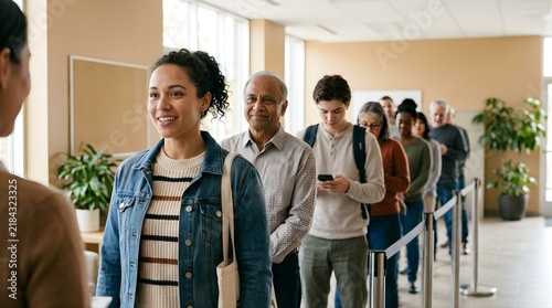 Diverse group of people standing in a line waiting for service indoors