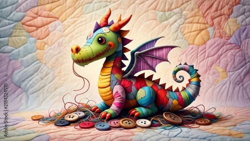 Cute Stuffed Dragon with Colorful Patches and Buttons