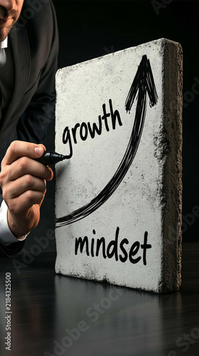 Conceptualizing Growth Mindset: A businessman in a suit draws an upward arrow representing growth over the words growth mindset on a concrete slab, symbolizing progress and development.