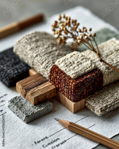 Material samples fabric wood stone swatches layout flat lay