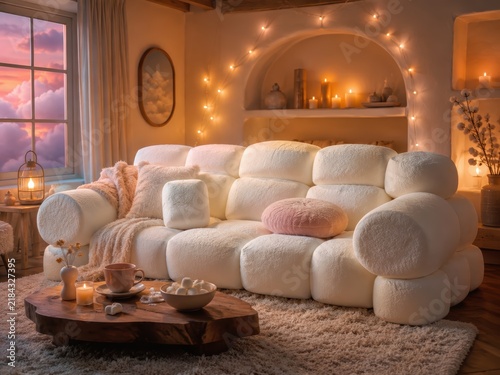 Cozy Marshmallow Sofa in Sunset Living Room with Playful Absurdity