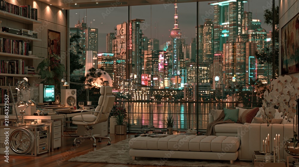 Fototapeta premium View from luxurious modern office through transparent solar glass windows overlooking glowing futuristic green city skyline at evening twilight.