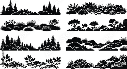 Set of black pine forest, bushes, and grass silhouettes for landscape design
