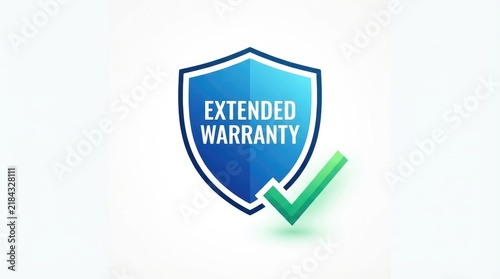 Extended warranty protection shield with approval checkmark on light background with green checkmark confirmation graphic displays extended with warranty text paired