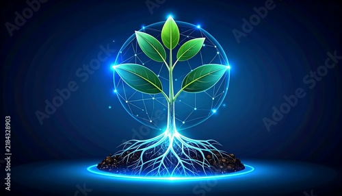 Glowing plant with blue light energy concept.