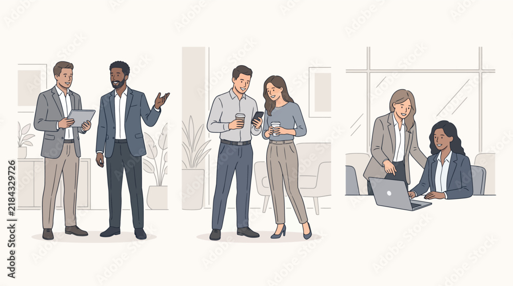 Obraz premium Professional colleagues working together in various office scenarios set