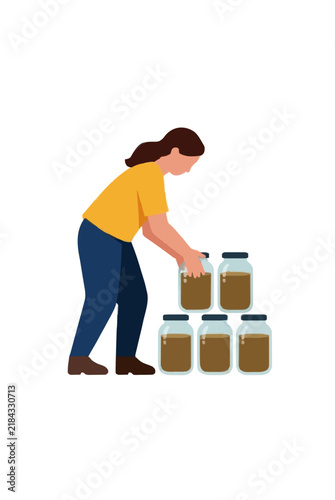 Hand-traced vector icon illustration of a woman organizing and storing preserved food in glass jars at a rustic root cellar, depicting homesteading and food storage lifestyle activities