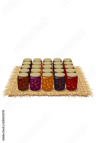 Rows of Colorful Fruit Preserves in Glass Jars with Gold Lids on Straw Mat Hand-Drawn Vector Icon Illustration - professional high resolution commercial stock detailed commercial stock imagery with