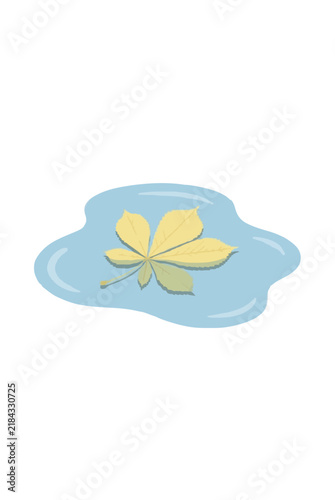 Tiny puddle with pale yellow chestnut leaf floating on water surface, minimalist vector icon illustration, seasonal autumn nature element, clean white background - detailed commercial stock imagery