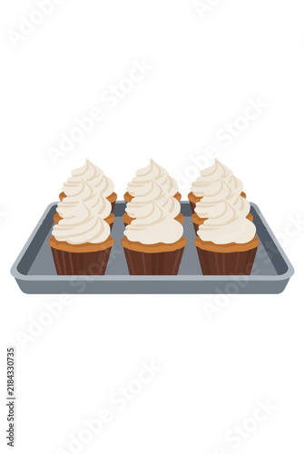 Beautiful Handcrafted Flat Vector Icon Illustration of a Baking Tray Holding Six Delicious Frosted Cupcakes with White Swirl Vanilla Frosting on Grey Baking Sheet - detailed commercial stock imagery