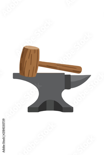 Hand-drawn vector illustration of a wooden mallet resting on a metal anvil, perfect for blacksmithing, forge work, and traditional craftsmanship projects. Flat design style with clean lines.