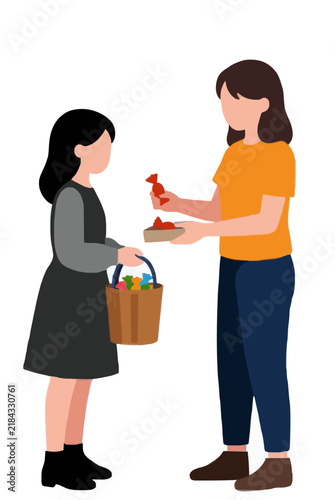 Young woman in orange shirt trading candy with little girl holding Halloween bucket full of colorful sweets after trick or treating vector icon illustration flat minimalist style design