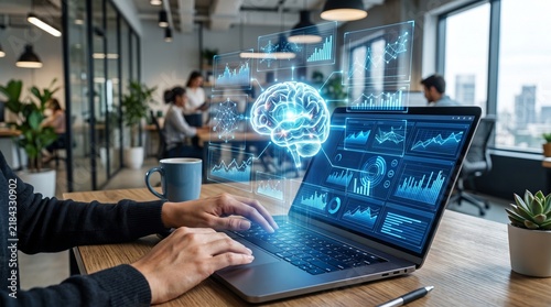 AI Business Analytics Dashboard with Holographic Brain on Laptop in Modern Office