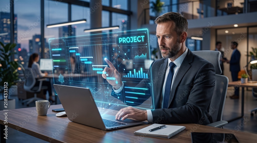 Fototapeta premium Businessman Analyzing Futuristic AI Project Gantt Chart Dashboard in Modern Office